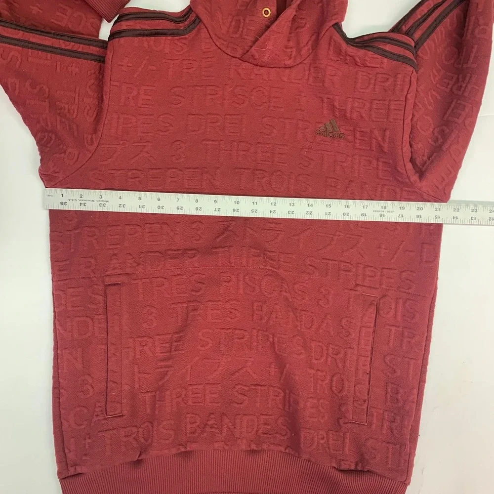 Adidas Men Burgundy All Over Text Logo Embossed‎ Hoodie Pullover Size L